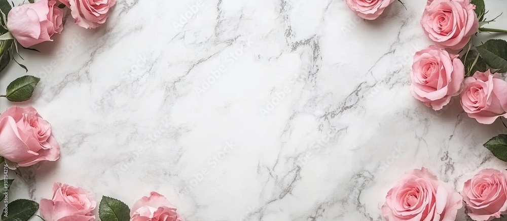 Aufkleber frame adorned with pink roses set against a white marble background. with copy space image. place fo