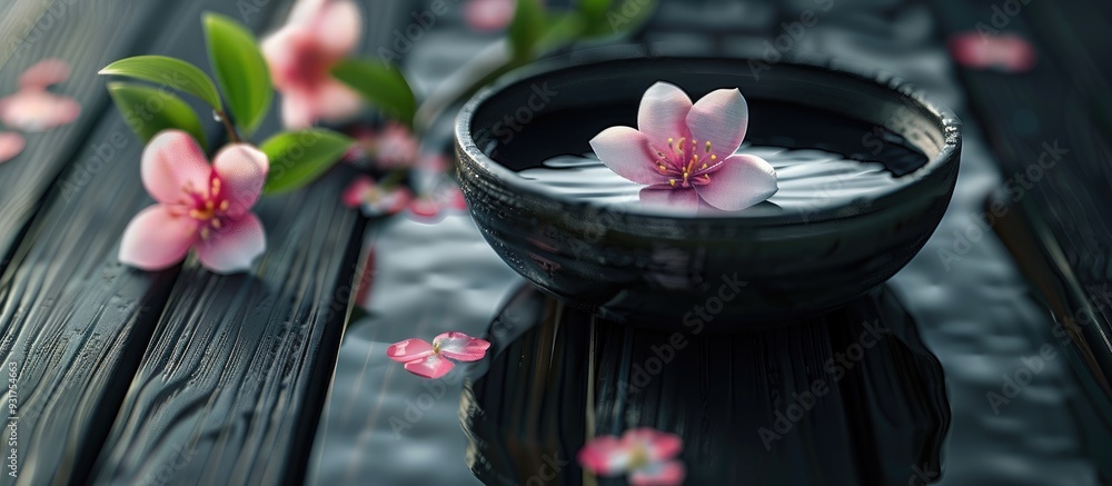 Poster flower floating in aroma bowl on a black wooden table. with copy space image. Place for adding text or design