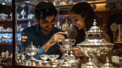 young indian couple buying silverware at shop
