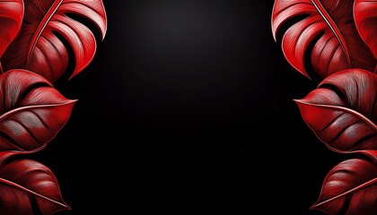 Czerwone neonowe liście monstery na czarnym tle tworzące obramowanie