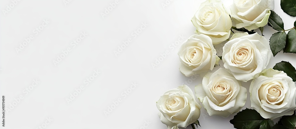 Poster White Rose A bunch of delicate roses against a white backdrop Space for text A romantic setting for spring celebrations. with copy space image. Place for adding text or design