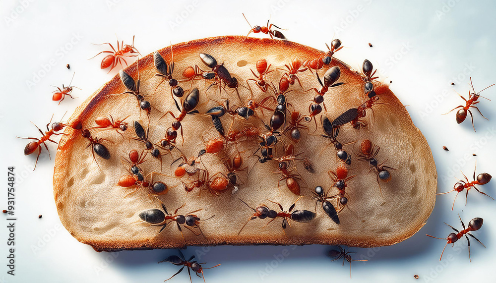Poster a close-up view of numerous insects on a bread slice, consuming it for sustenance in the winter, whi