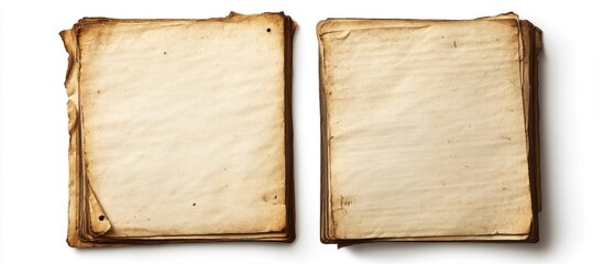 Two vintage and old paper pages isolated on a white background. with copy space image. Place for adding text or design