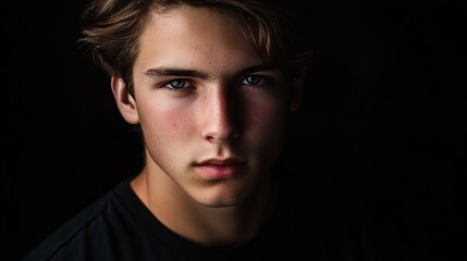 Obraz premium Artistic headshot of a young man with dramatic lighting and a serious expression