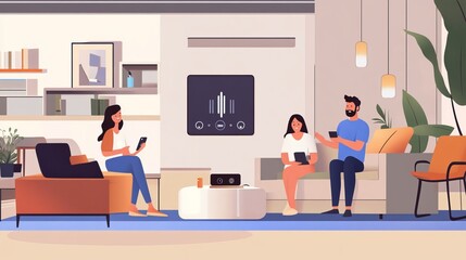 A family using smart home devices in their modern living room, controlling lights and temperature with voice commands