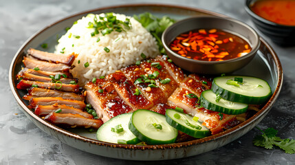 A plate of crispy pork belly served with fluffy steamed rice , garnished with cucumber slices and a side of spicy dipping sauce