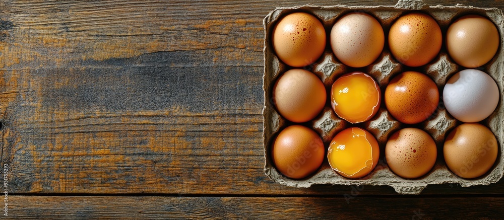 Poster raw chicken egg yolks and duck egg yolks in a recycled paper box with copyspace on an old wooden bac