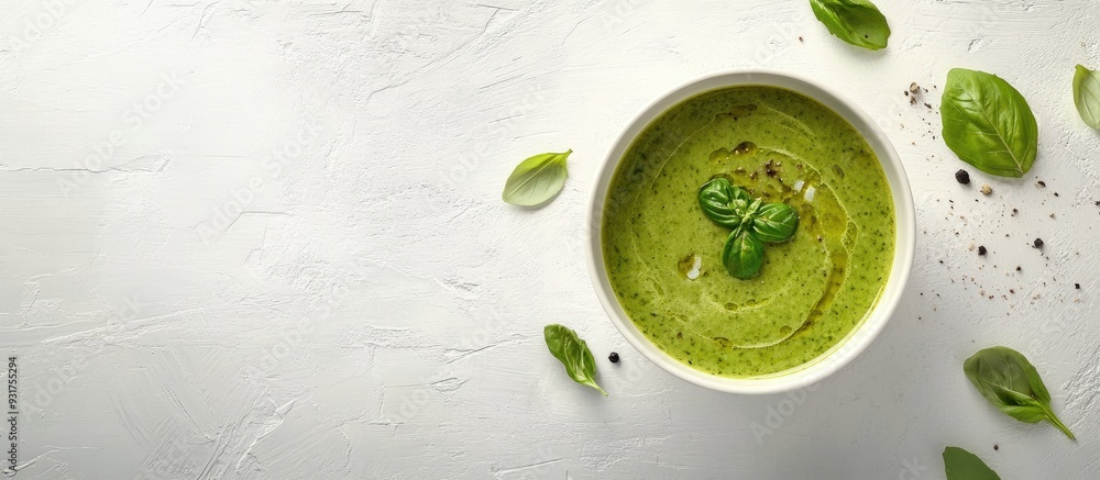 Poster Green curry soup viewed from above on a white table with copy space