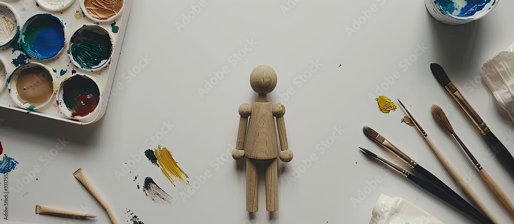 Poster Painting visual art background Paints and a wooden painter figure with brushes on a white desk top view flat lay objects. with copy space image. Place for adding text or design