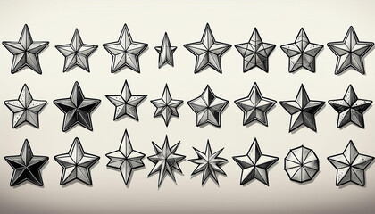 A collection of inked star doodles in a doodle style on a white backdrop.