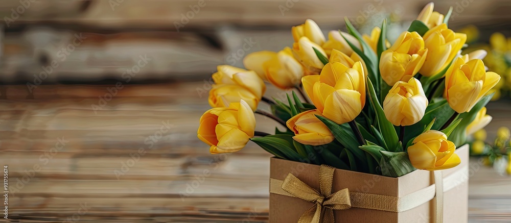 Fototapete tulip bouquet and yellow box on a white table. with copy space image. Place for adding text or design