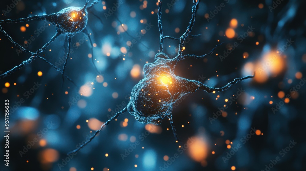 Poster neurons are interconnected, showcasing vibrant synaptic connections and signaling activity within th