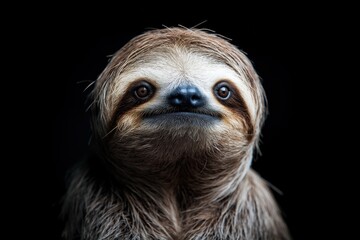 Photo of a sloth isolated against a black background, emphasising the sloth's majestic features. Wildlife and conservation concept, space for copy.