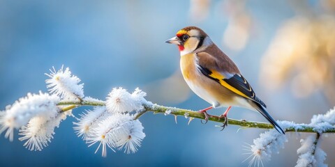Obraz premium goldfinch perched alone on frozen winter branch against soft blue-grey background crisp focus frosty atmosphere icy pastel colors winter serenity