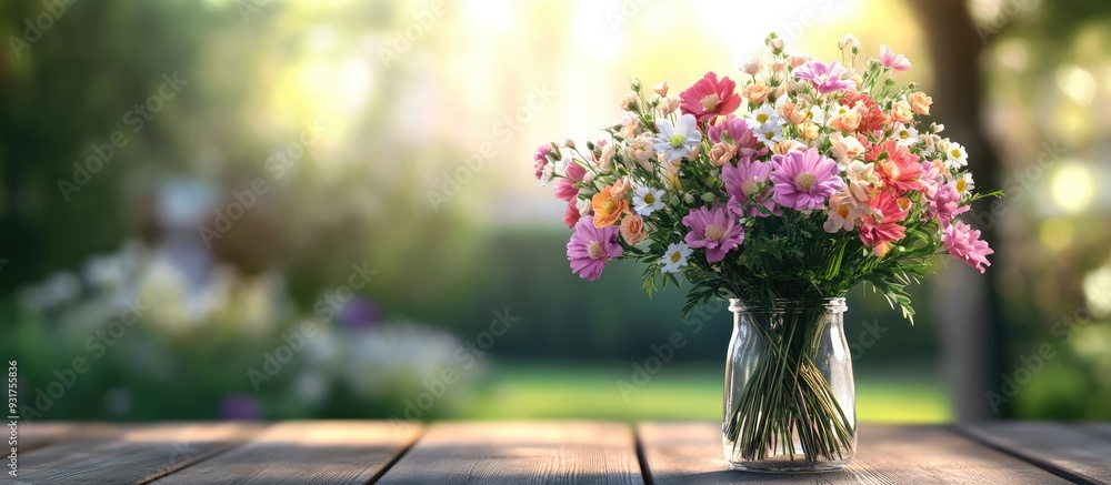 Poster a bouquet of flowers in a vase placed on an outdoor table. with copy space image. place for adding t