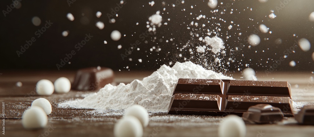 Fototapete sugar powder and sugar balls along with a belgian dark chocolate bar. with copy space image. place f