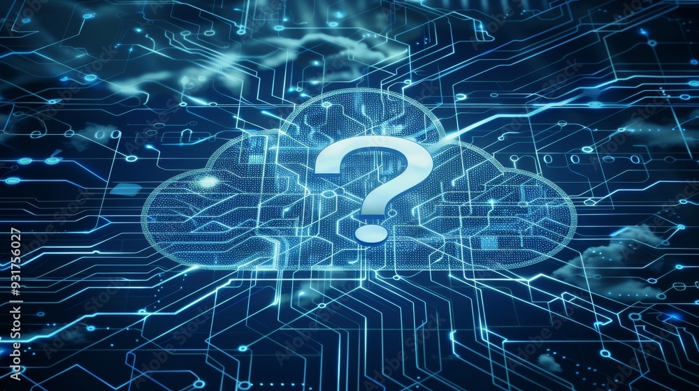 Poster cloud computing questions concept of cloud network security, data protection and privacy concerns.