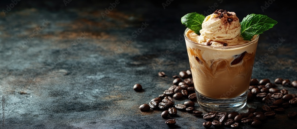 Poster cold coffee with ice cream on a dark background a refreshing invigorating cocktail served on the roc