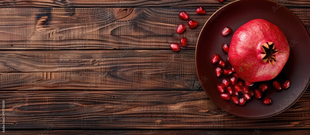 Poster succulent pomegranate with seeds on a plate atop a dark wooden table from a top view copyspace