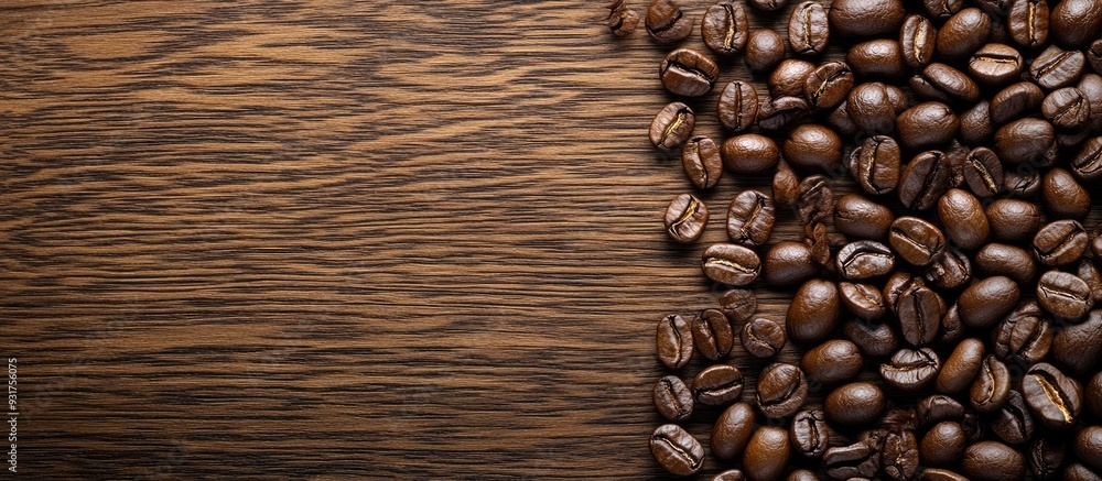 Poster roasted coffee beans arranged on a wooden table top view copyspace available for text