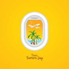 World Tourism Day concept airplane window looks vector illustration banner poster social media idea for tourism, World Heritage Day, World Travel Creative concept. Travel social media post