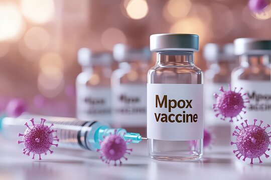 Mpox vaccine vial with syringe and virus particles