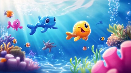 Adorable cartoon sea creatures swimming in a bright ocean