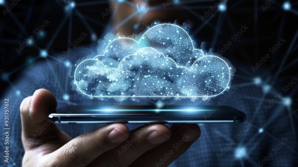 Aufkleber cloud computing concept with person holding smartphone and futuristic cloud icon from data