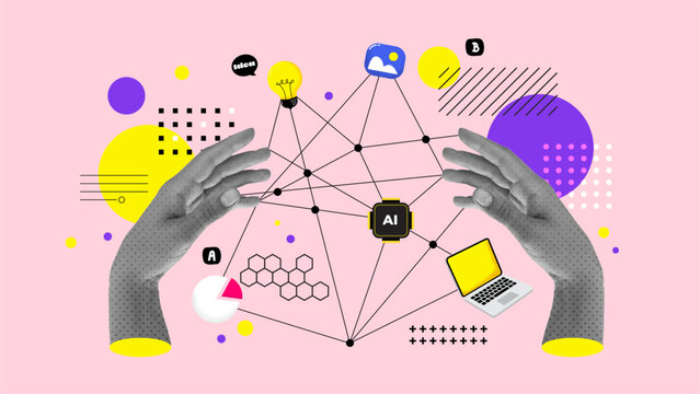 Banner collage of human hands manage daily. Handling halftone effect with doodles on pink background with hand drawn texture. Vector trendy illustration