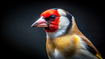 Fototapeta premium intense gaze of a goldfinch against stark black background high-contrast lighting bold vibrant colors dramatic portrait