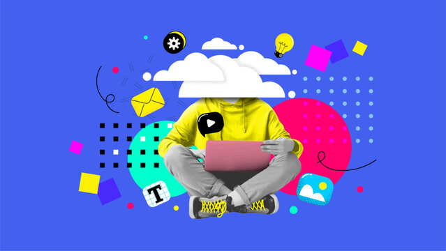 Composite collage photo artwork of headless person innovations concept. Creative template collage of developer working hardly on project. Vector illustration