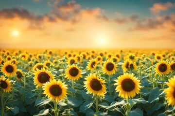 Bokeh background of a vibrant sunflower field under a bright summer sky, AI Generated