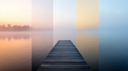 Fototapeta premium Serene Sunrise at Rectangular Lake Dock - Calm Water and Tranquil Foggy Atmosphere | Nature Relax Wallpaper Collection