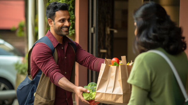 indian delivery man giving groceries bag to woman