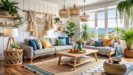 In this Coastal Bohemian living room makeover, woven textures mingle with bold patterns and macrame details, surrounded by natural elements, creating an airy, open space filled with visual interest.