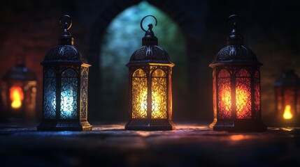 Fototapeta premium Glowing Ramadan Kareem Lanterns - Islamic Background Animated in UHD 4K 30 fps with Four Variations