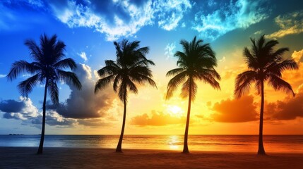 Serene Palm Tree Silhouettes Decorating Tropical Beach HD Backgrounds for Desktop Wallpaper in Four Variations