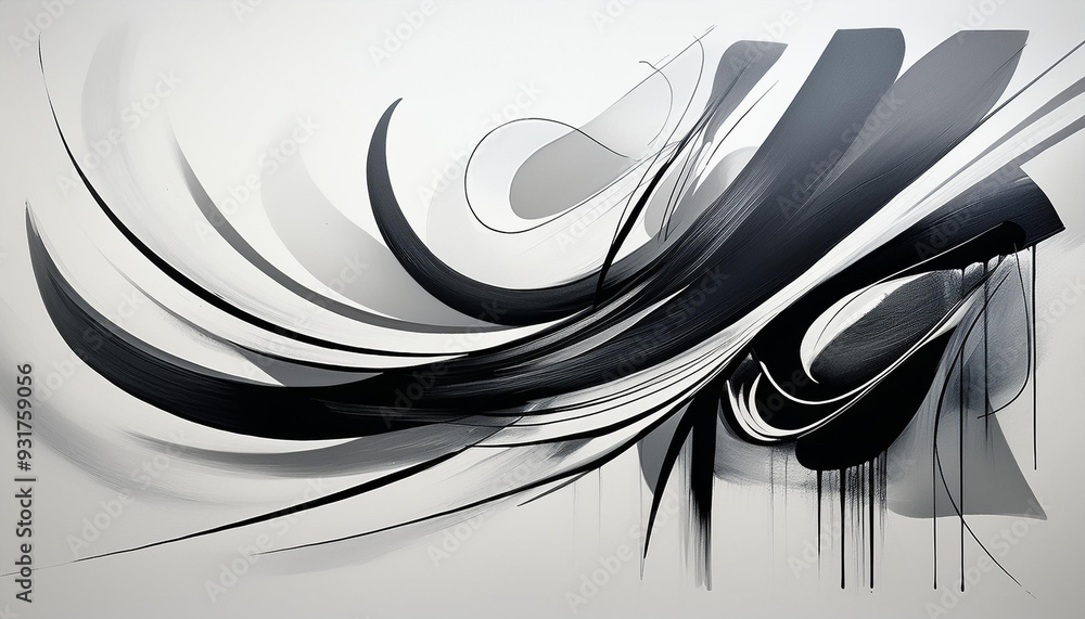 Poster a monochromatic design with bold ink marks on a blank canvas showcasing curves, angles, and energeti