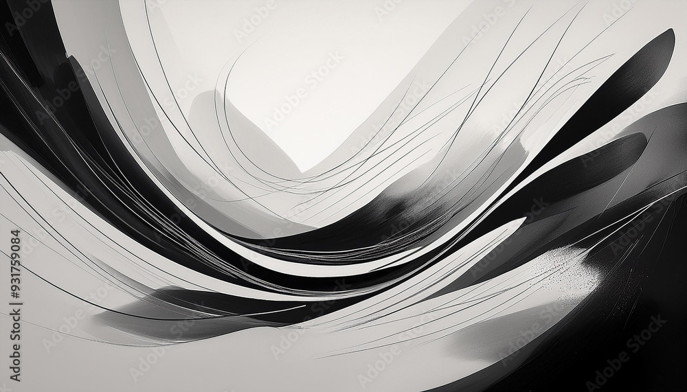 Poster a monochromatic design with bold ink marks on a blank canvas showcasing curves, angles, and energeti