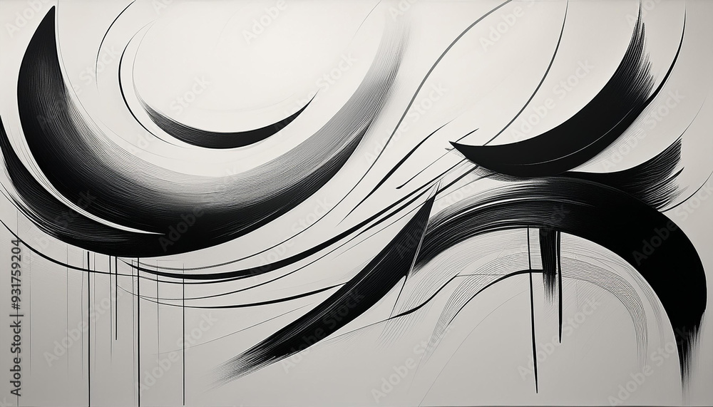 Poster a monochromatic design with bold ink marks on a blank canvas showcasing curves, angles, and energeti