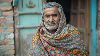 Naklejka premium indian mature man wrapped in a shawl