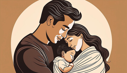Obraz premium A mother cradles her child while the father stands close by in a sacred family moment depicted in a versatile line drawing.