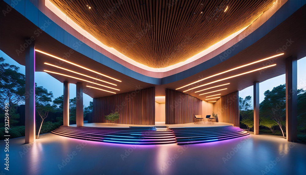 Poster a multilevel public area featuring an abstract blend of concrete and timber design, illuminated by v
