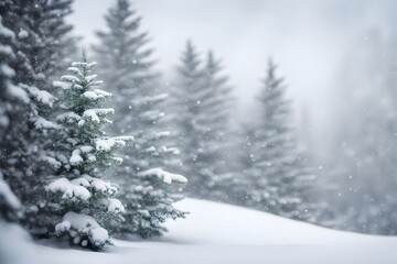 Fototapeta premium Soft focus background of a snowy landscape with pine trees and gentle snowfall, AI Generated