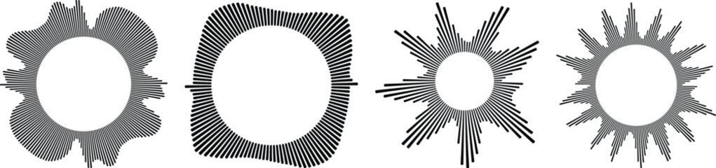 Circle sound wave collection. High frequency radio wave, Sound waves, Equalizer, Audio waves, Radio signal. Symbol of waveform burst rays.