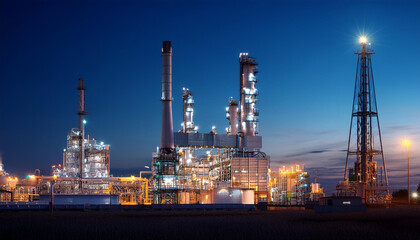 Obraz premium A nighttime petrochemical facility with a refinery and tower for the oil and gas industry.