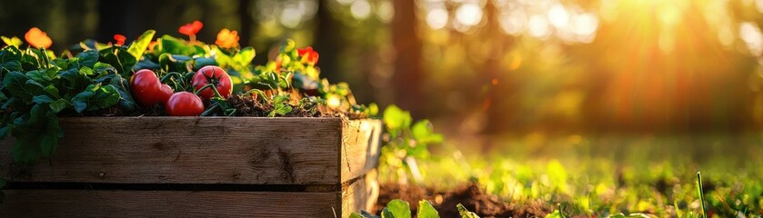 Obraz premium A vibrant garden box filled with fresh vegetables basking in the warm sunlight, showcasing the beauty of nature's bounty.