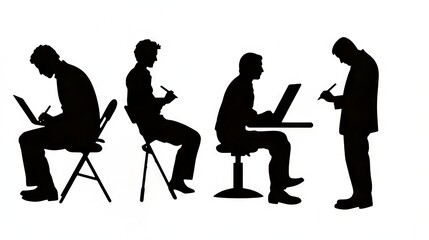 Silhouettes of diverse men working, illustrating stages of creativity and productivity.