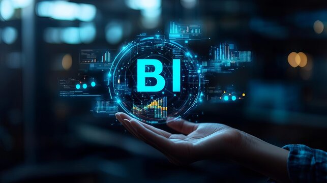 Business Intelligence evaluation  A hand holding a digital "BI" hologram with floating data visualizations and bright technological elements