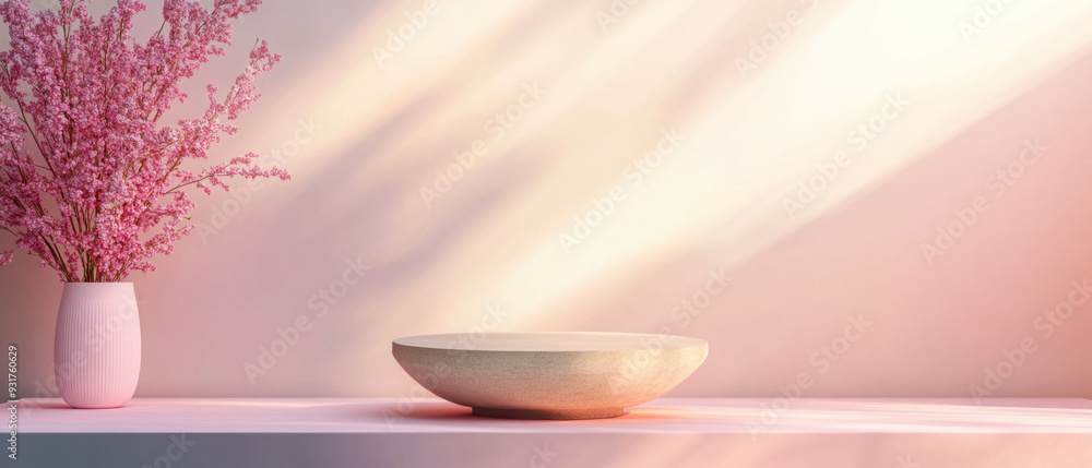 Poster pastel product placement backdrop, an empty mockup podium is showcased on a soft pastel color backgr
